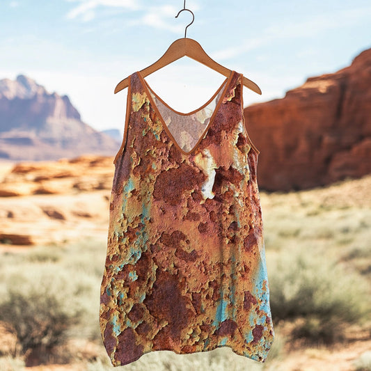 Rust Art Print V-neck Linen Blend Tank Top artswardrobe