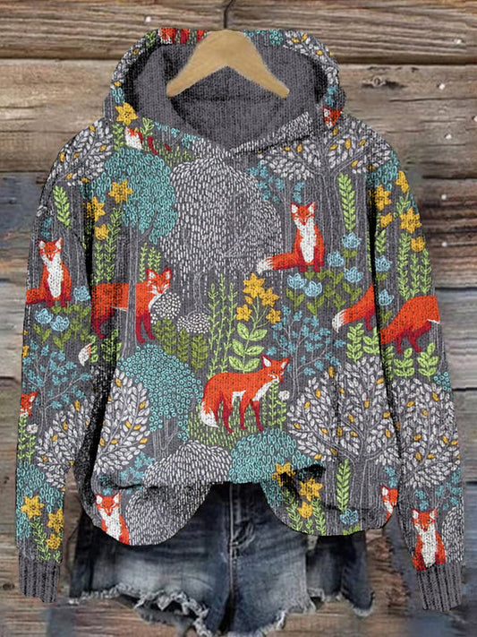 Fox in the Forest Graphic Vintage Cozy Knit Hoodie artswardrobe