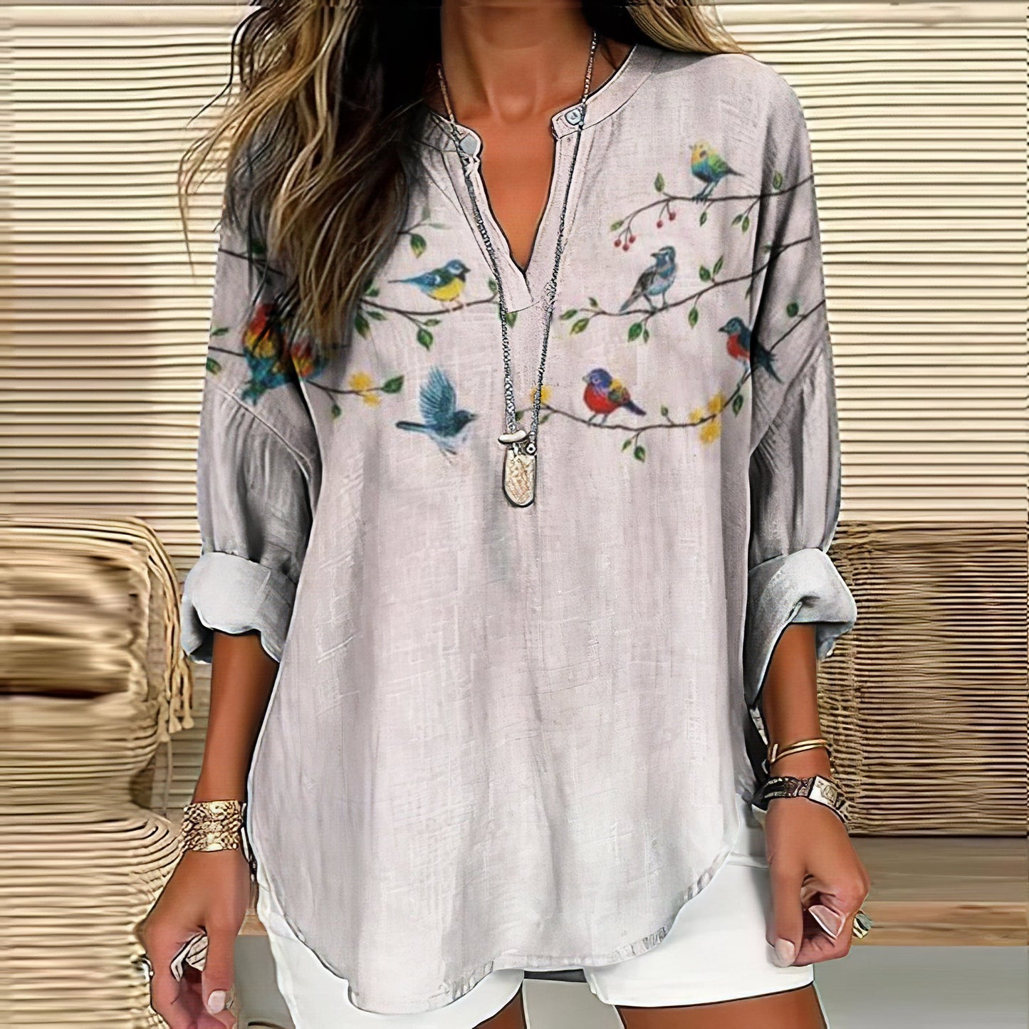 Comstylish Vintage Japanese Embroidery Floral And Bird Art Print Casual Shirt