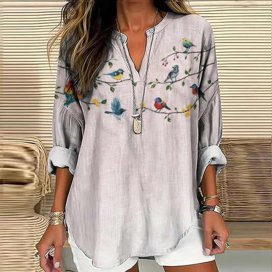 Comstylish Vintage Japanese Embroidery Floral And Bird Art Print Casual Shirt