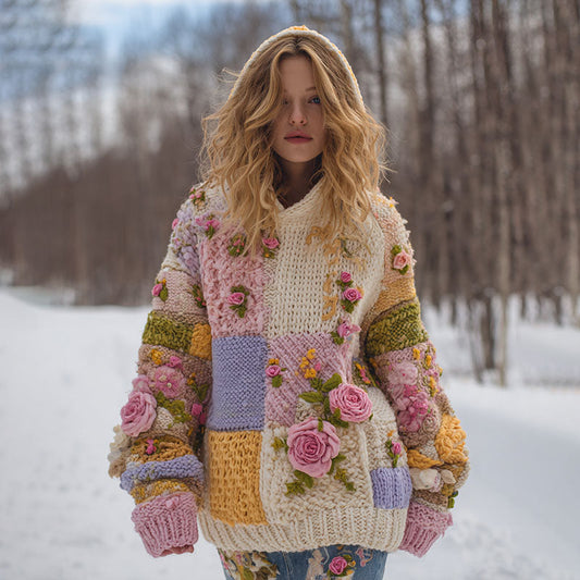 Comstylish Women's Vintage Floral Patchwork Art Knit Jacquard Hooded Sweater