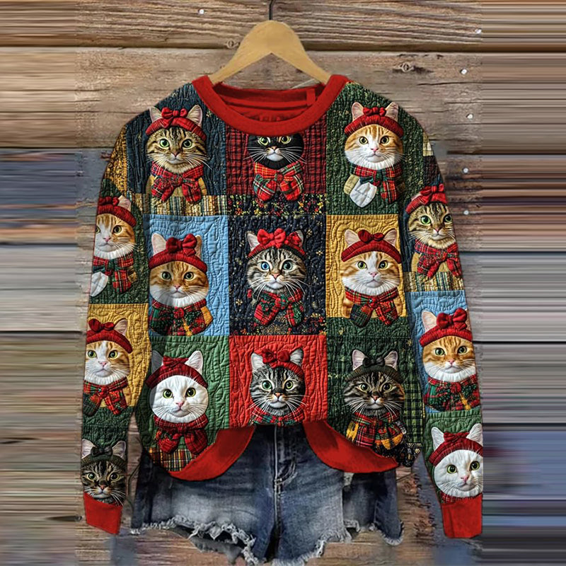 Christmas Cat Print Crew Neck Sweatshirt elevenforest