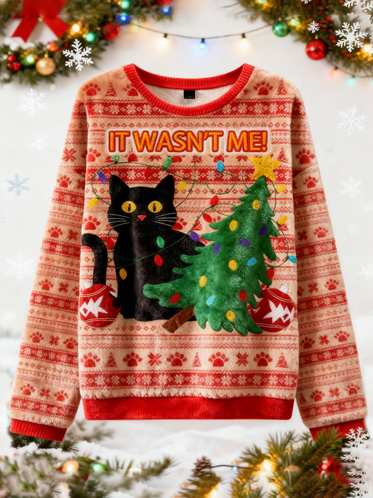 Black Cat Destroys Christmas Tree Christmas Ugly Sweatshirt elevenforest