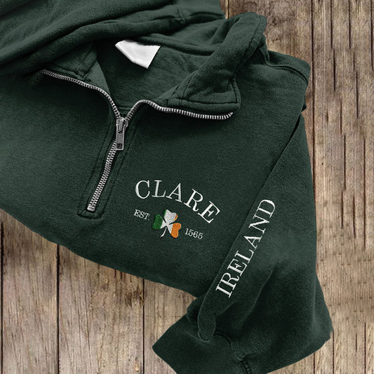 Comstylish Clare Ireland Shamrock Embroidered Zipper Sweatshirt