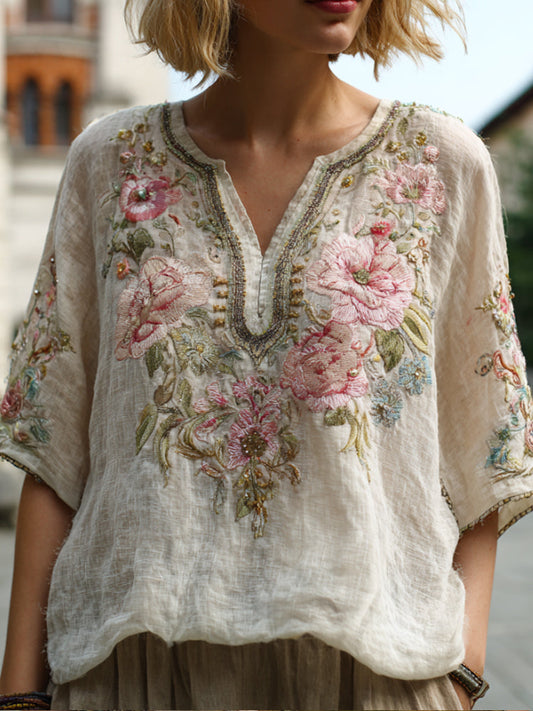 Bohemian Floral Fairy Vintage V-neck Short-sleeved Shirt artswardrobe