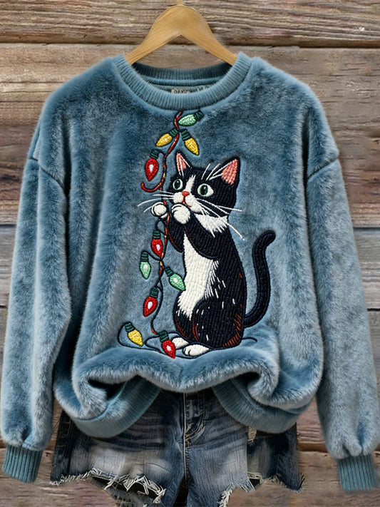 Comstylish Christmas Lights Cat Design Women's Flannel Sweatshirt