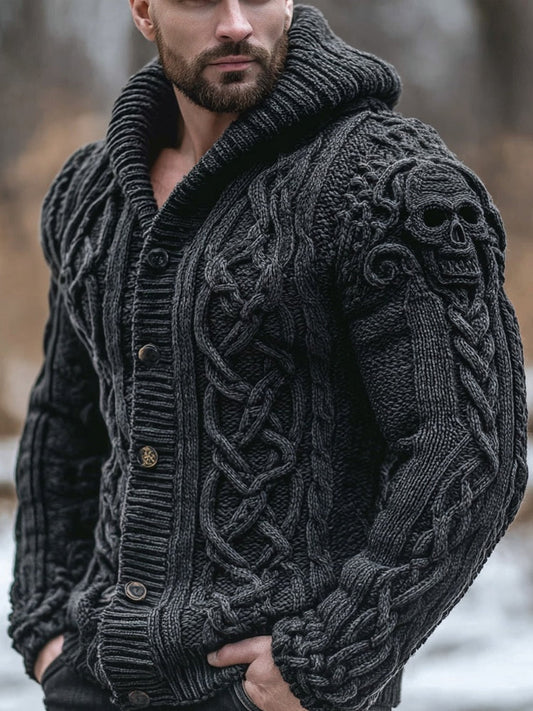 Men's Vintage Skull Celtic Chunky Cozy Hooded Cardigan artswardrobe