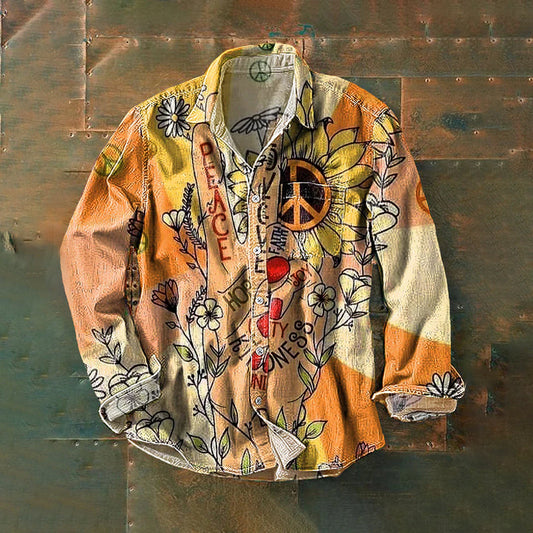 Men's Vintage Peace And Love Daisy Art Print Linen Lapel Long Sleeve Shirt artswardrobe