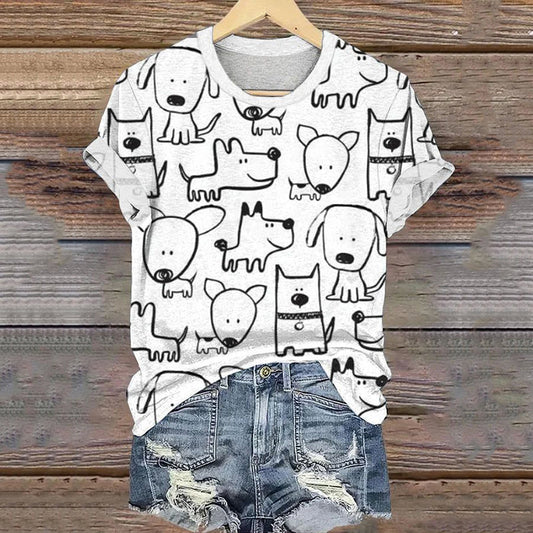 Comstylish Dog Print Crew Neck Short Sleeve T-Shirt
