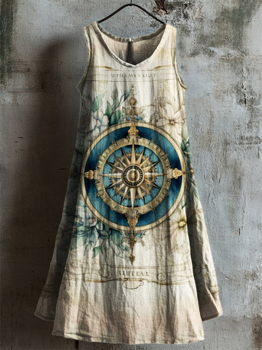 Vintage Navigation Floral Art Linen Dress artswardrobe