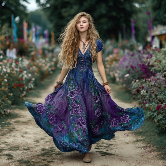 Women's Vintage Floral Embroidery Linen Short Sleeve Dress artswardrobe