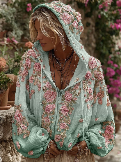 Comstylish Bohemian Style Pink Rose Vintage Zip-up Hoodie