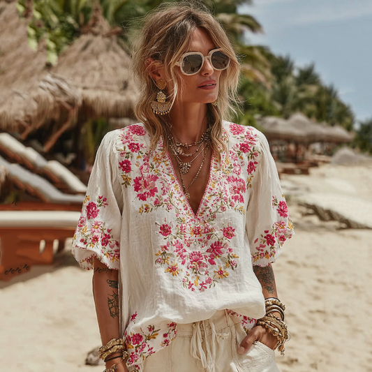 Women's Vintage Rose Floral Art Linen Comfy Shirt artswardrobe