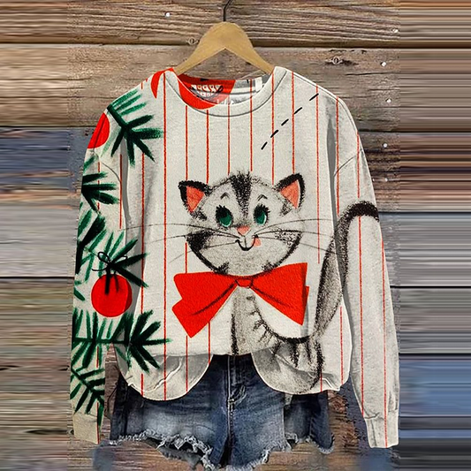 Abstract Creative Christmas Cute Cat Art Print Crew Neck Casual Sweatshirt elevenforest