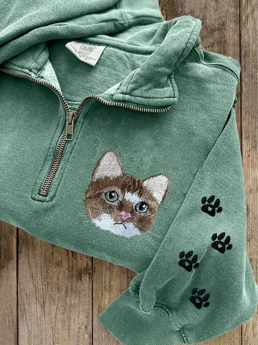 Cute Cat Face Embroidered Zip-up Sweatshirt artswardrobe