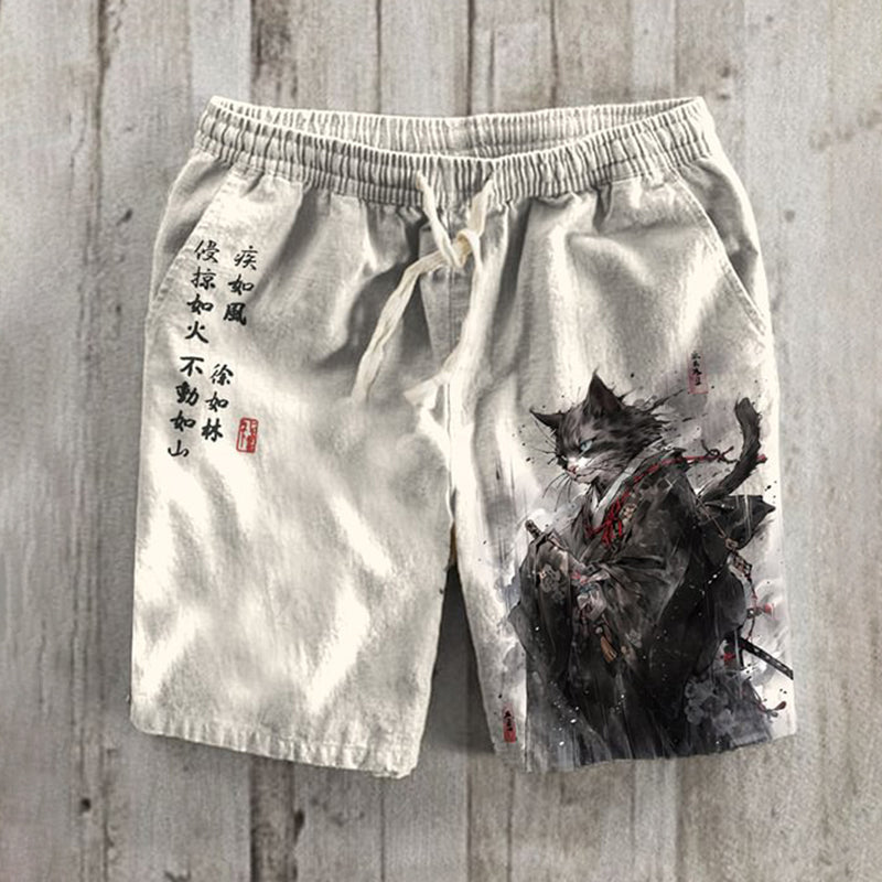 Japanese Samurai Cat Ink Painting Art Linen Blend Shorts elevenforest