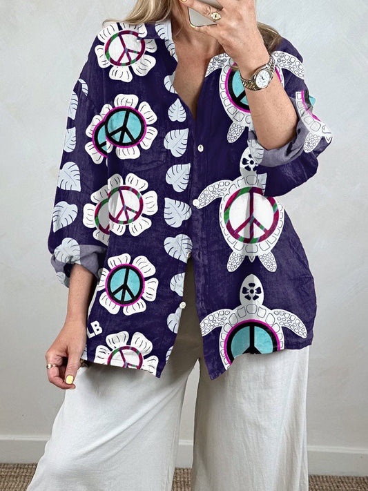 Women's Vintage Hippie Turtle Art Print Casual Long Sleeve Comfortable