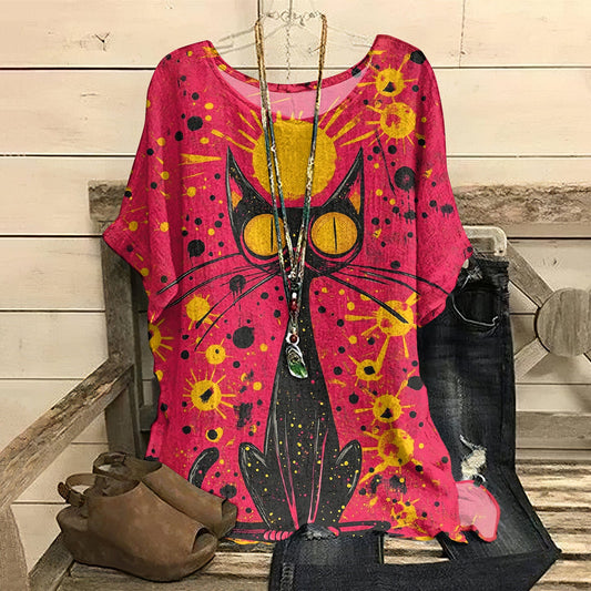 Retro Oil Painting Pop Cat Round Collar T-shirt elevenforest