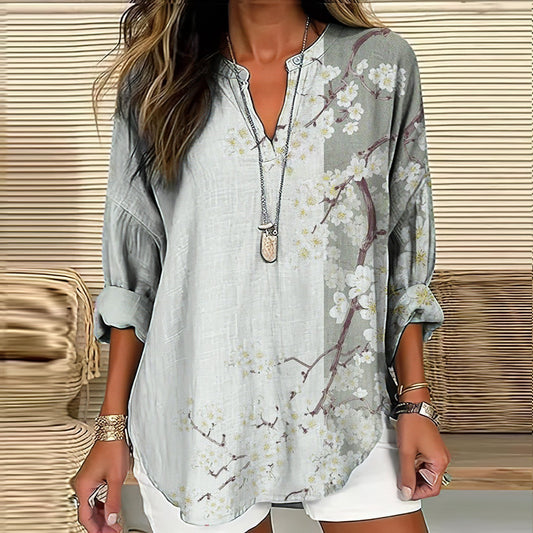 Comstylish Vintage Floral Art Printed V Neck Casual Shirt