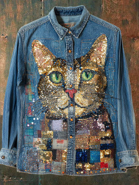 Comstylish Vintage Sequined Cat Headshot Art Women's Long Sleeve Denim Shirt