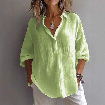 Comstylish Women's Retro V Neck Cotton Linen Comfy Shirt