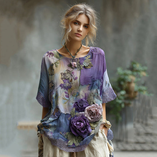 Vintage Bohemian Embroidered Floral Patchwork T-shirt artswardrobe