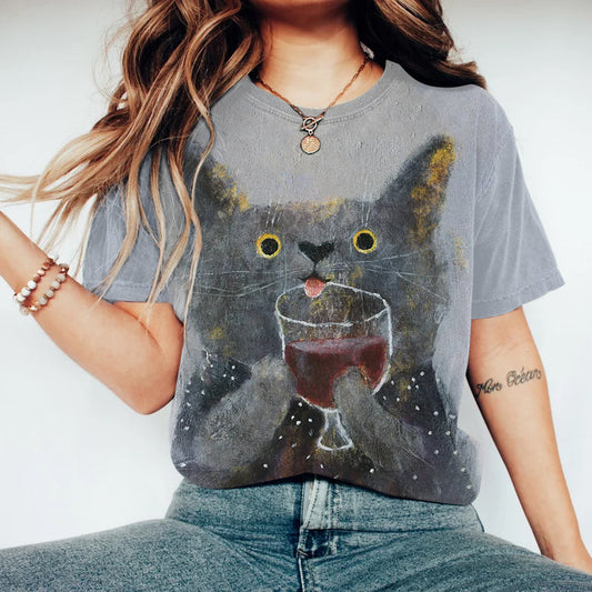 Comstylish The Cat With Glass Of Wine Art Print Short Sleeve T-Shirt