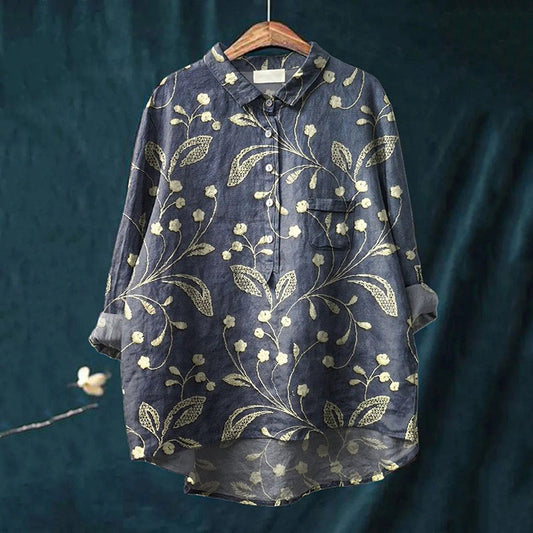Comstylish Vintage Floral Print Lapel Loose Linen Blend Shirt