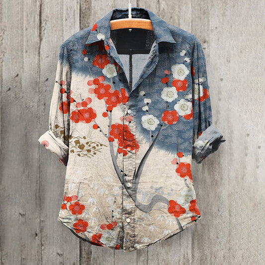 Comstylish Japanese Art Sakura Print Casual Shirt