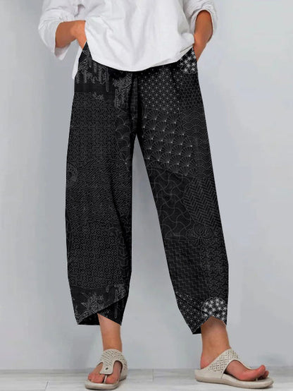 Comstylish Japanese Traditional Sashiko Art Cropped Casual Pants