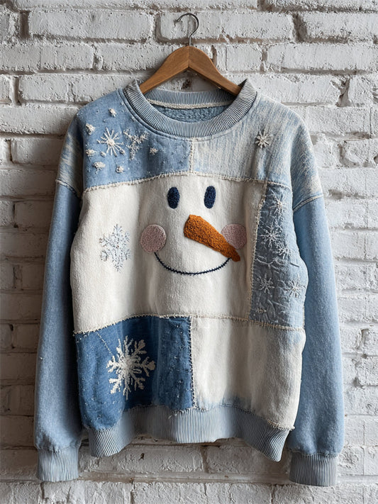 Comstylish Snowman & Snowflakes Colorblock Patchwork Washed Sweatshirt