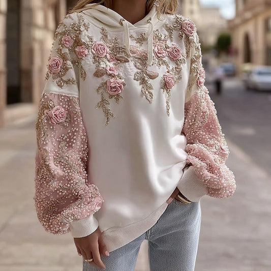 Comstylish Women's Retro Pink Floral Casual Hoodie