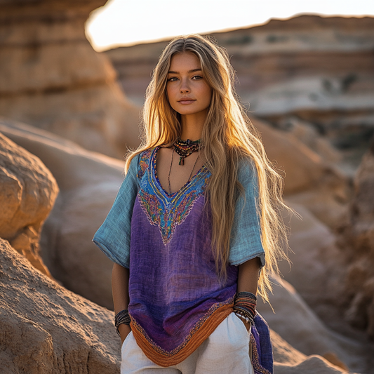 Comstylish Vintage Bohemian Ethnic Floral Linen Art Print Short Sleeve V-neck Shirt