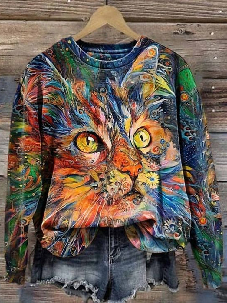 Autumn Winter Cute Cat Oil Panting Print Sweatshirt elevenforest