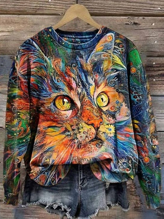 Comstylish Autumn Winter Cute Cat Oil Panting Print Sweatshirt