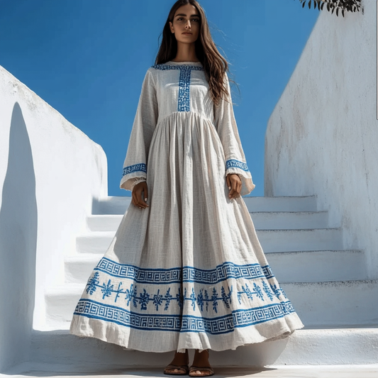 Vintage Classic Greek Key Round Neck Linen Blend Maxi Dress artswardrobe