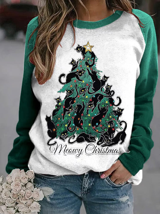 Women's Meowy Christmas Tree Lantern Black Cat Print Sweatshirt artswardrobe