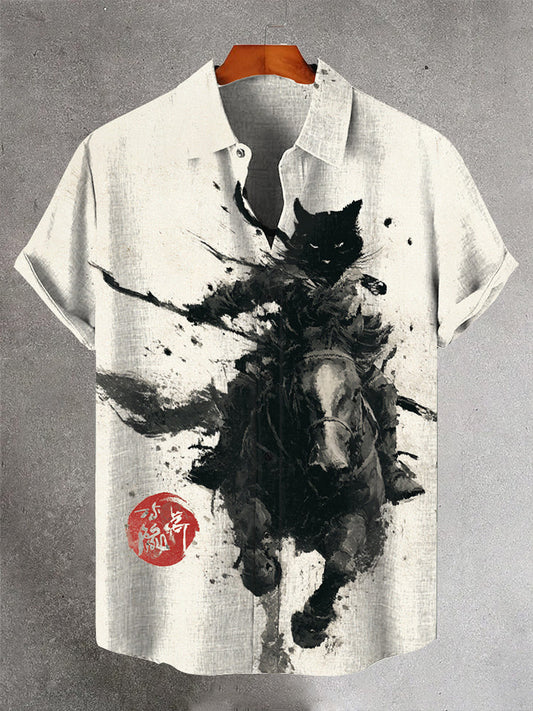 Japanese Art Style Riding Cat Cat Collar Short-sleeved Men's Shirt elevenforest