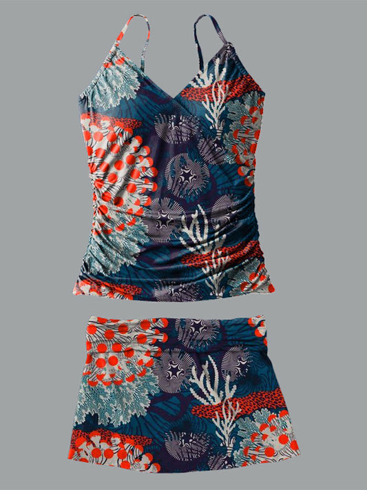 Retro Flower V-Neck Vintage Flowers Print Suspender Skirt Tankini Pantskirt Set Swimsuit