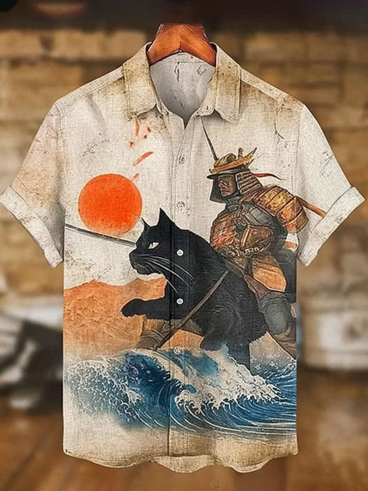 Men's Black Cat Tribal Warrior Japanese  Print Short Sleeve Shirt elevenforest