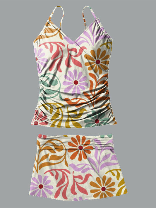 Line Flower V-Neck Vintage Flowers Print Suspender Skirt Tankini Pantskirt Set Swimsuit