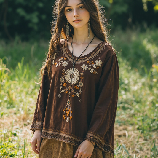 Retro Floral Embroidery Linen Blend Long Sleeve T-shirt artswardrobe