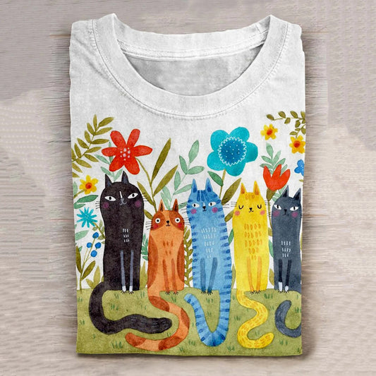 Comstylish Cat And Floral Art Print Casaul Short Sleeve T-Shirt