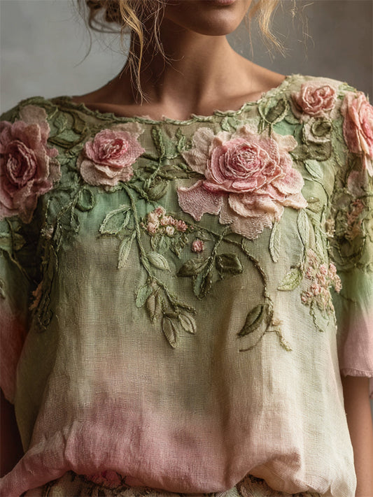 Vintage Pink Roses Vines Gradient Linen Tunic artswardrobe