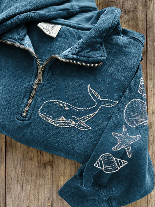 Comstylish Whale & Sea Shells Embroidered Zip Up Sweatshirt