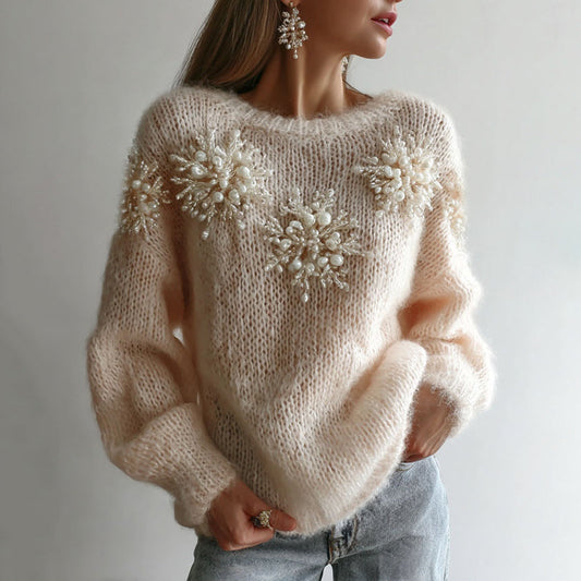 Comstylish Women's White Christmas Decorations Snoeflake Art Crew Neck Sweater