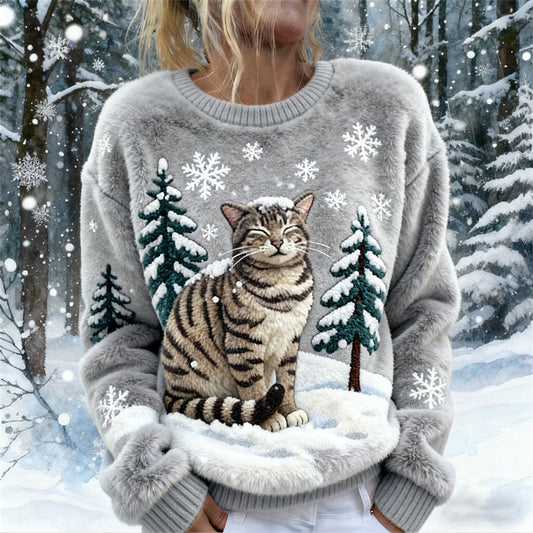 Winter Snowflake & Cat Women's Flannel Sweatshirt elevenforest