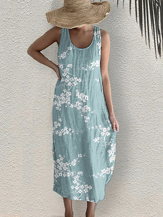 Cherry Blossom Japanese Print Sleeveless Linen Blend Midi Dress