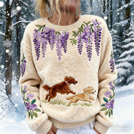 Comstylish Winter Running Puppies Embroidered Art Women's Flannel Sweatshirt