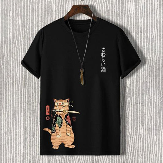 Men'S Japanese Sushi Samurai Cat Print Casual T-Shirt elevenforest